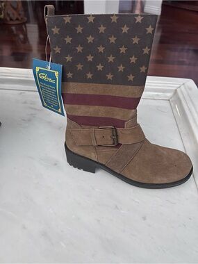 Shiekh Brown Suede Mid-Calf Boot with Flag Star Print